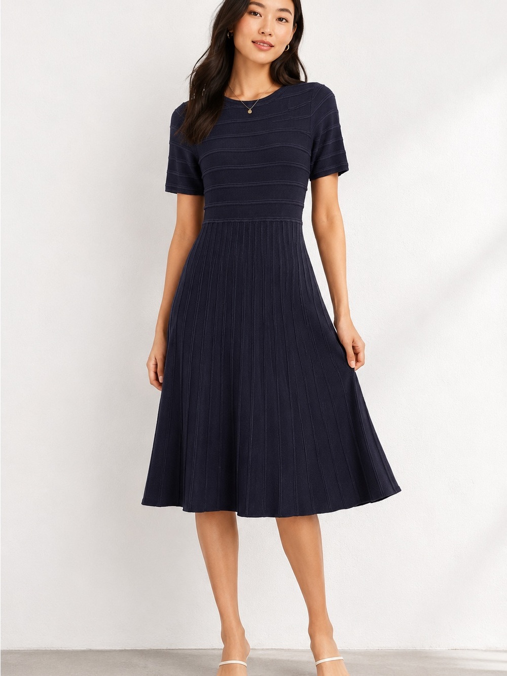 Lands' End Navy Short-Sleeve Ribbed Midi Dress 10